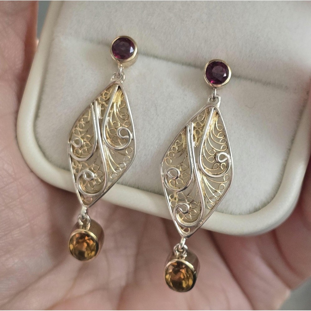 Vintage-Inspired Sterling Silver Filigree Earrings with Citrine & Garnet - Picture 11 of 12